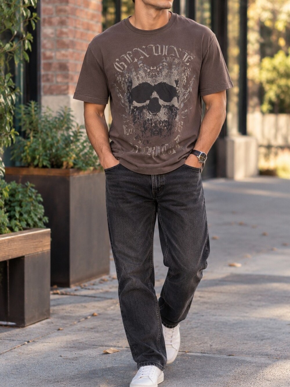 Ted Baker Men’s Brown Skull Graphic Tee 100% Cotton Gothic Y2K T-Shirt Casual